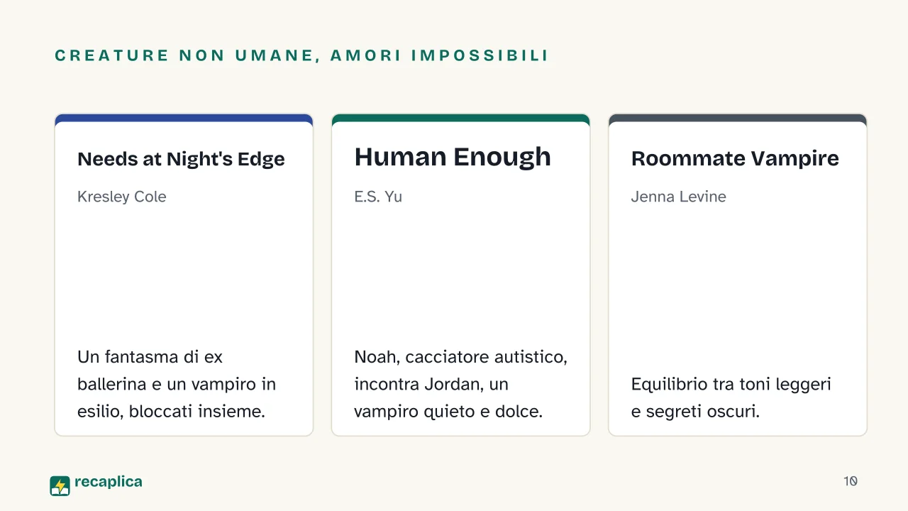 Slide 10 della presentazione su Libri dark romance: Creature non umane, amori impossibili: Needs at Night's Edge, Human Enough, Roommate Vampire