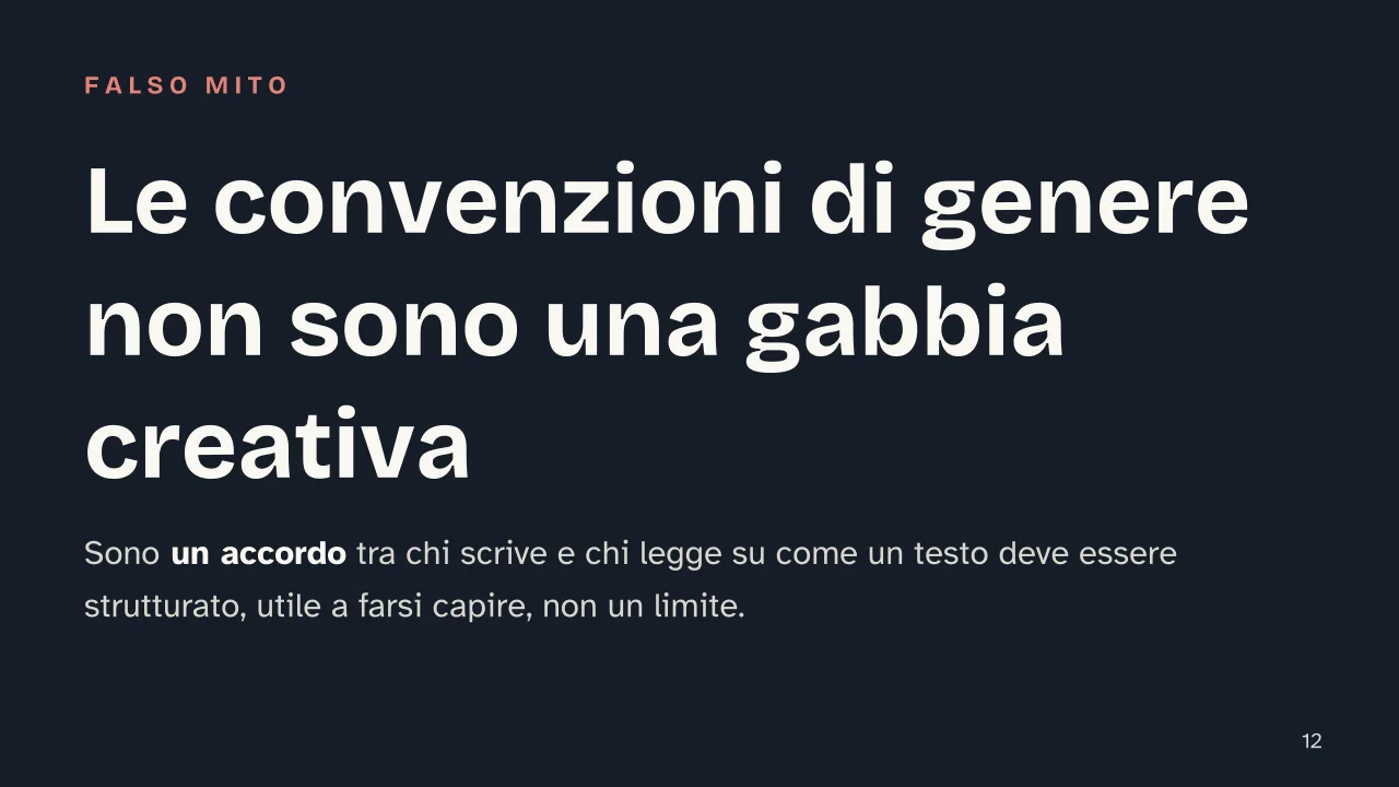 Slide 12 della presentazione su Genere narrativo: Le convenzioni di genere non sono una gabbia creativa