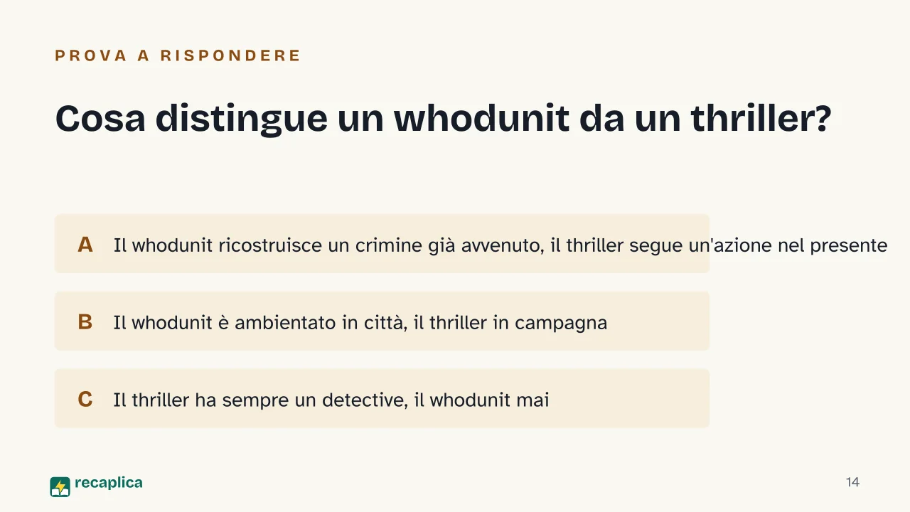 Slide 14 della presentazione su Genere narrativo: Cosa distingue un whodunit da un thriller?