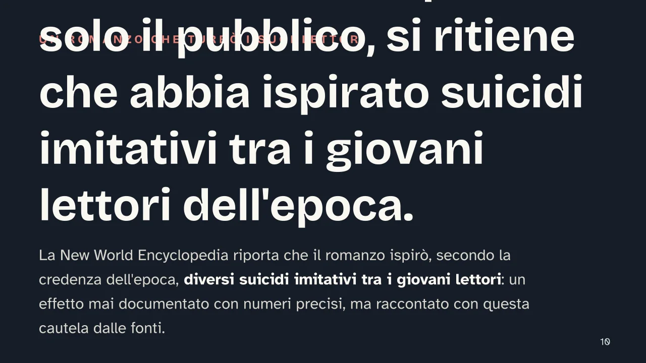 Slide 10 della presentazione su Sturm und Drang: Werther non conquistò solo il pubblico, si ritiene che abbia ispirato suicidi imitativi tra i giovani lettori dell'epoca.