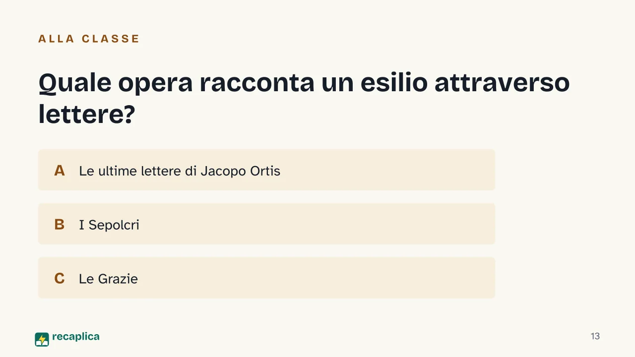 Slide 13 della presentazione su Ugo Foscolo: Quale opera racconta un esilio attraverso lettere?