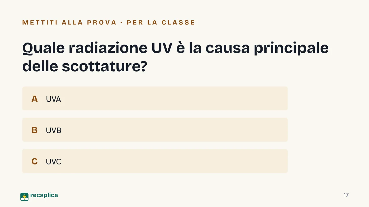 Slide 17 della presentazione su Abbronzatura: Quale radiazione UV è la causa principale delle scottature?