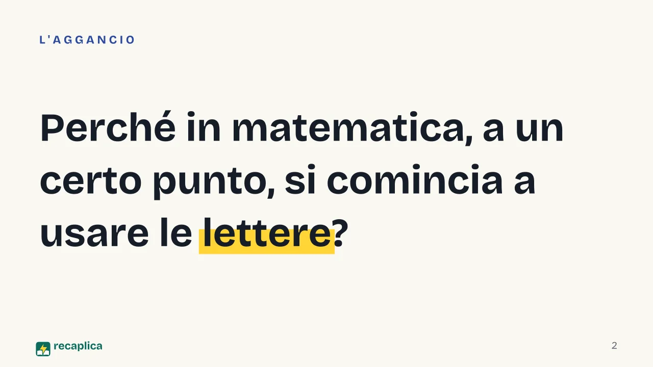 Slide 2 della presentazione su Algebra: Perché in matematica, a un certo punto, si comincia a usare le lettere?