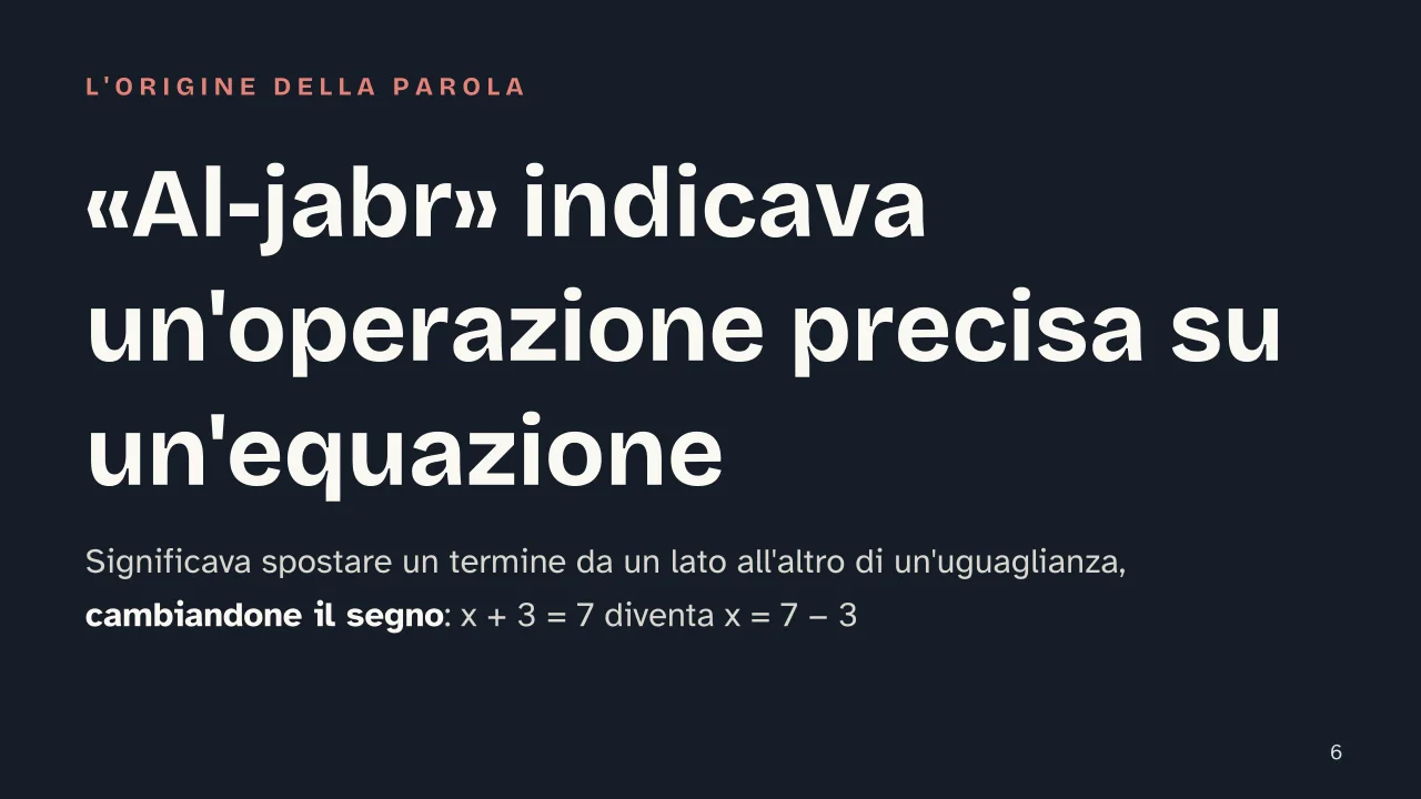 Slide 6 della presentazione su Algebra: «Al-jabr» indicava un'operazione precisa su un'equazione