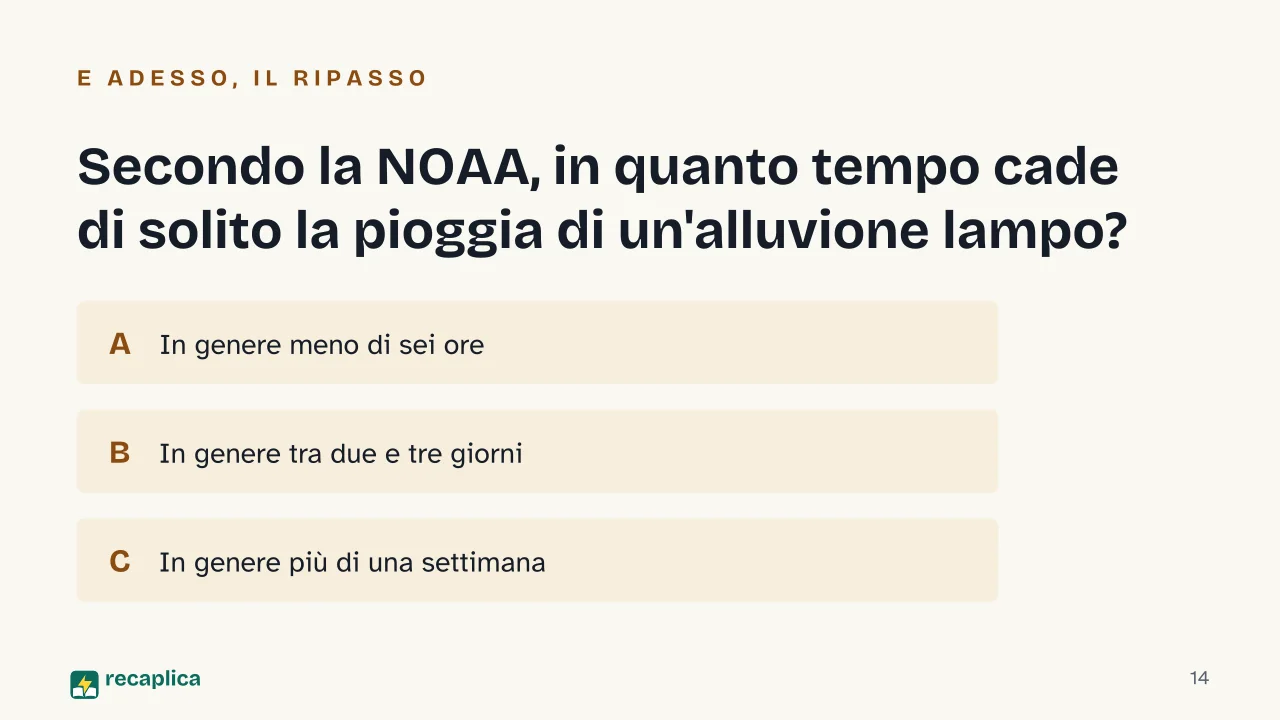 Slide 14 della presentazione su Alluvione: Secondo la NOAA, in quanto tempo cade di solito la pioggia di un'alluvione lampo?