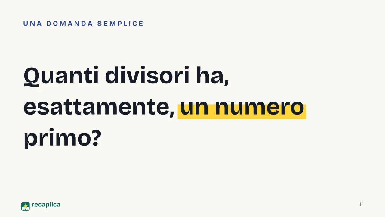 Slide 11 della presentazione su Aritmetica: Quanti divisori ha, esattamente, un numero primo?