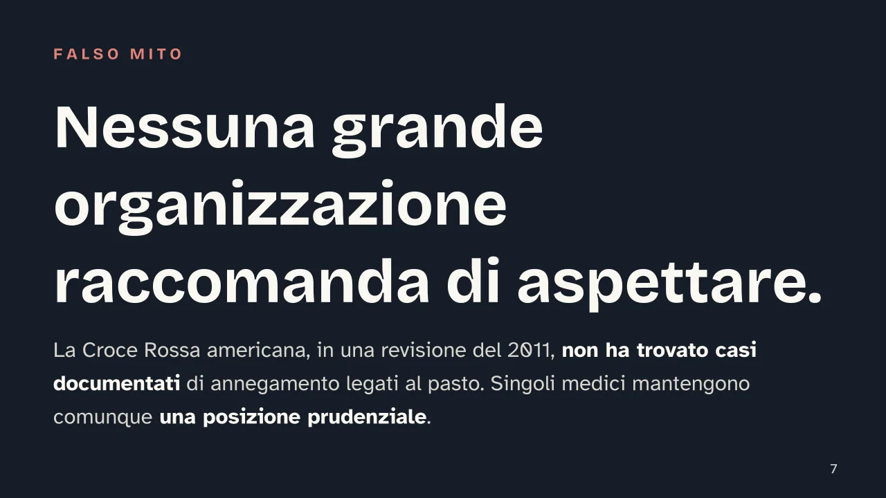 Slide 7 della presentazione su Bagno dopo mangiato: Nessuna grande organizzazione raccomanda di aspettare.
