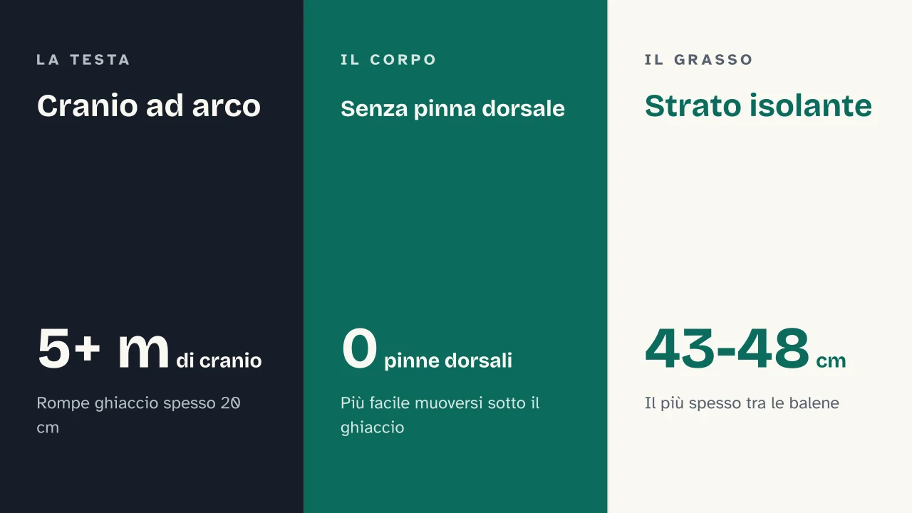 Slide 6 della presentazione su Balena della Groenlandia: Cranio ad arco · Senza pinna dorsale · Strato isolante