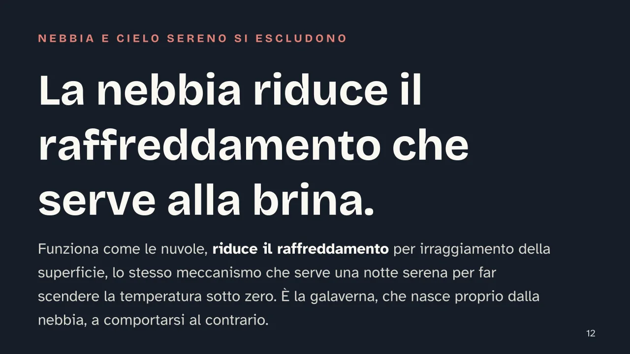 Slide 12 della presentazione su Brina: La nebbia riduce il raffreddamento che serve alla brina.