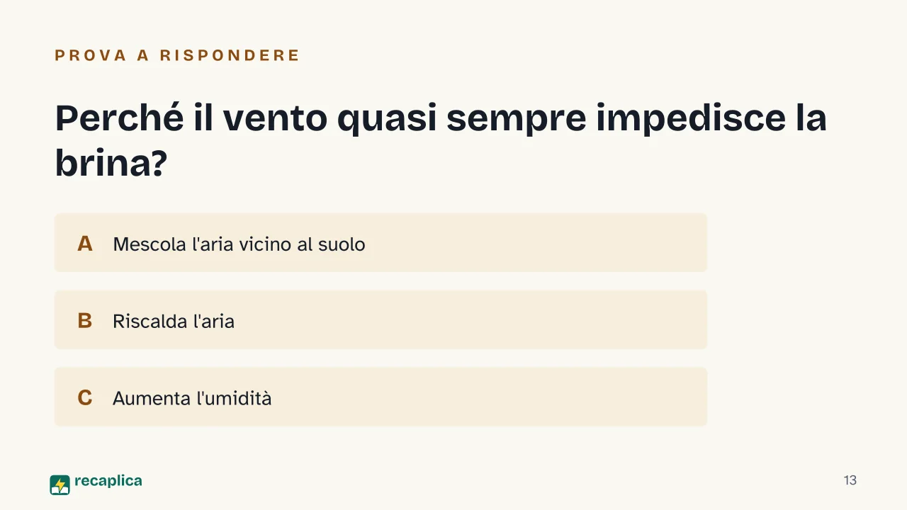 Slide 13 della presentazione su Brina: Perché il vento quasi sempre impedisce la brina?