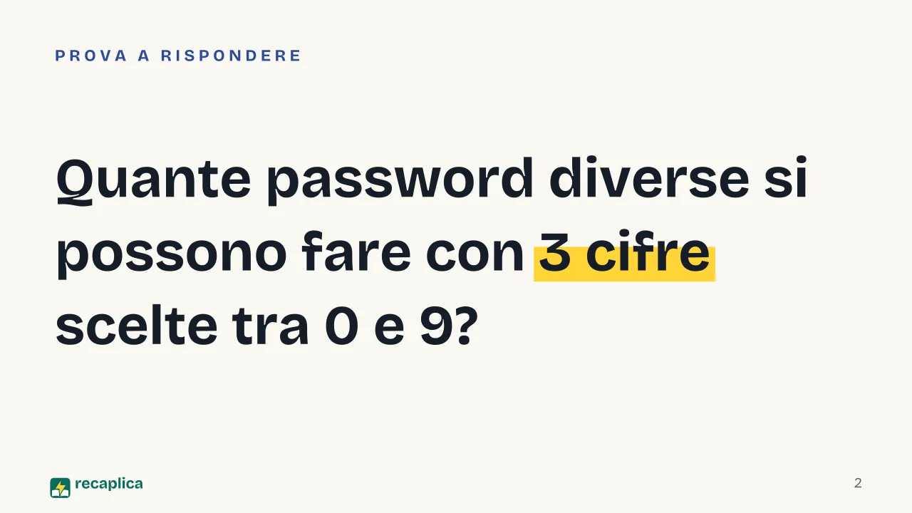 Slide 2 della presentazione su Calcolo combinatorio: Quante password diverse si possono fare con 3 cifre scelte tra 0 e 9?