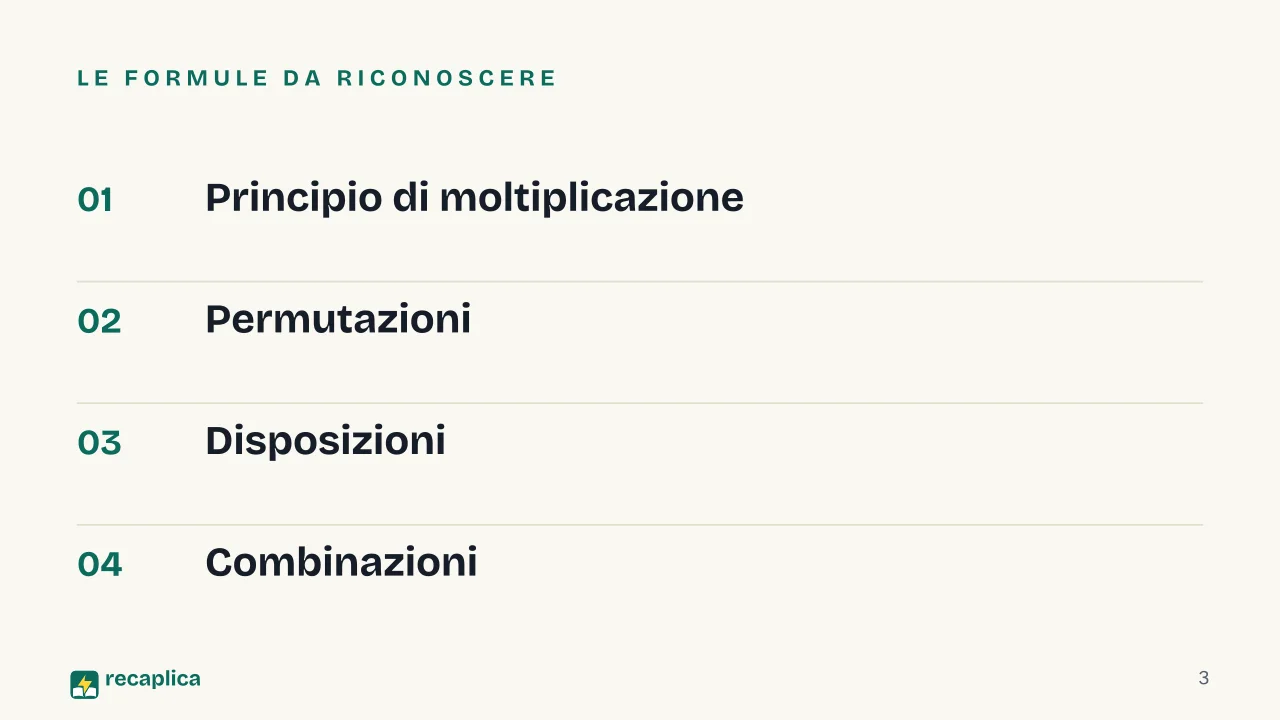 Slide 3 della presentazione su Calcolo combinatorio: Le formule da riconoscere