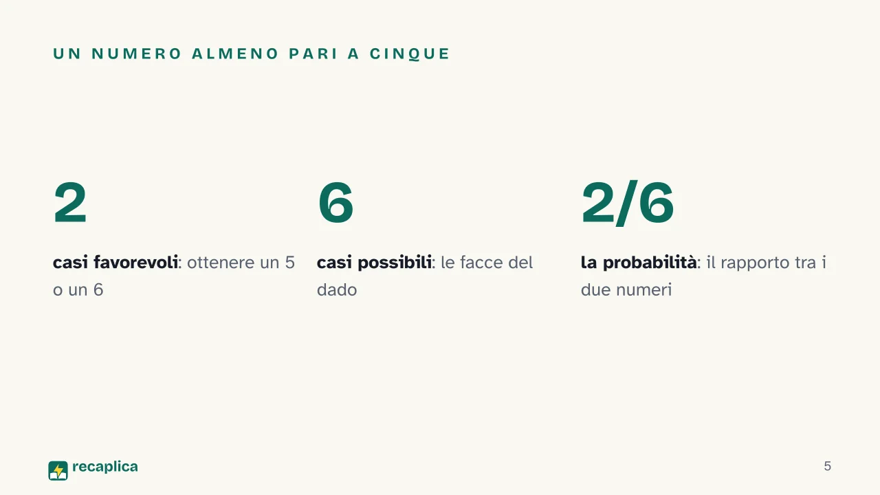 Slide 5 della presentazione su Calcolo della probabilità: Un numero almeno pari a cinque