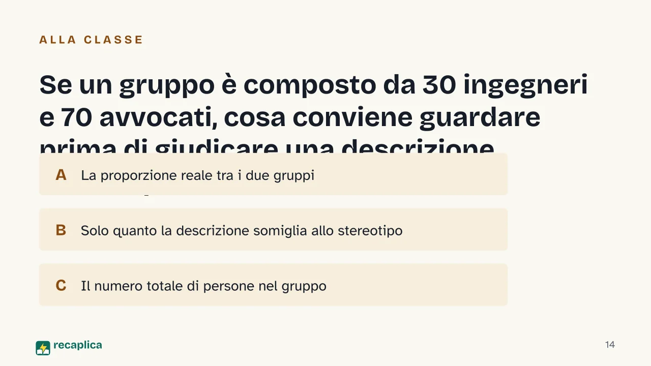 Slide 14 della presentazione su Calcolo della probabilità: Se un gruppo è composto da 30 ingegneri e 70 avvocati, cosa conviene guardare prima di giudicare una descrizione stereotipata?