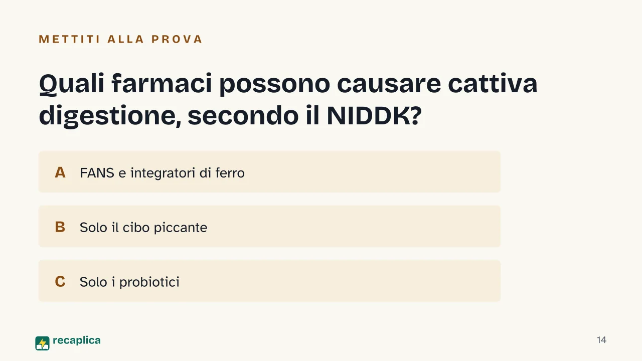 Slide 14 della presentazione su Cattiva digestione: Quali farmaci possono causare cattiva digestione, secondo il NIDDK?