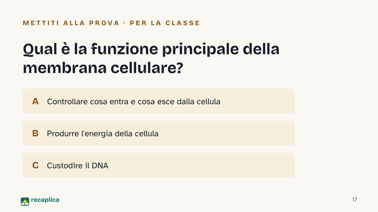 Slide 17 della presentazione su La cellula: Qual è la funzione principale della membrana cellulare?