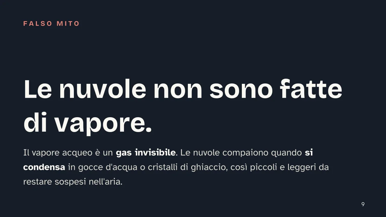 Slide 9 della presentazione su Ciclo dell'acqua: Le nuvole non sono fatte di vapore.
