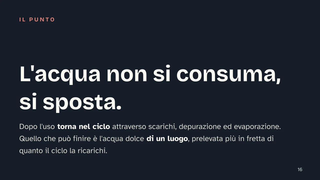 Slide 16 della presentazione su Ciclo dell'acqua: L'acqua non si consuma, si sposta.