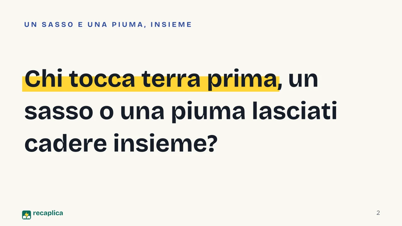 Slide 2 della presentazione su Cinematica: Chi tocca terra prima, un sasso o una piuma lasciati cadere insieme?