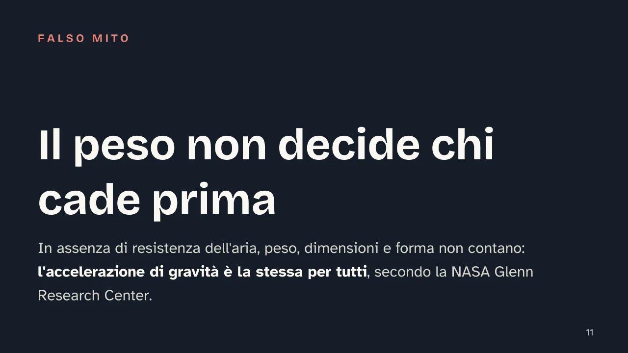 Slide 11 della presentazione su Cinematica: Il peso non decide chi cade prima
