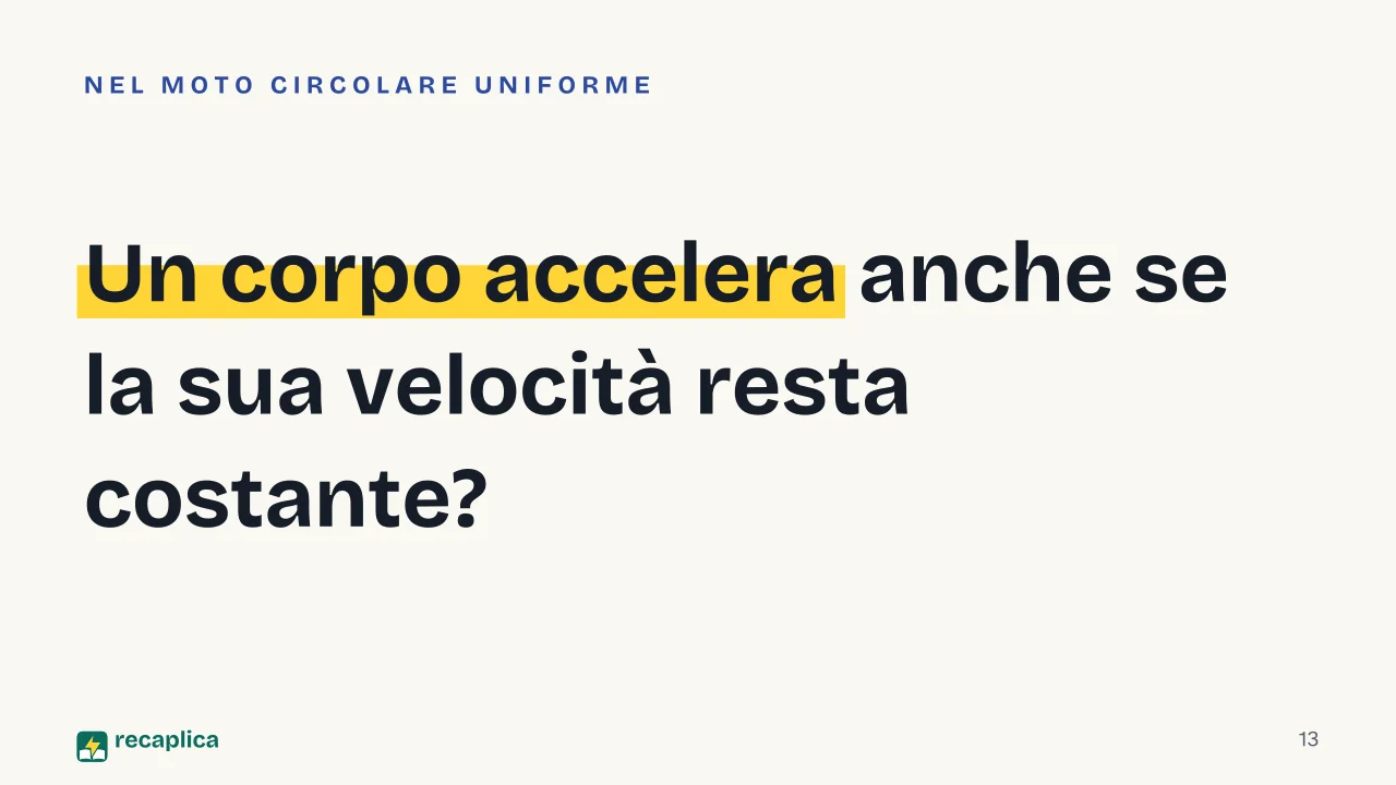 Slide 13 della presentazione su Cinematica: Un corpo accelera anche se la sua velocità resta costante?