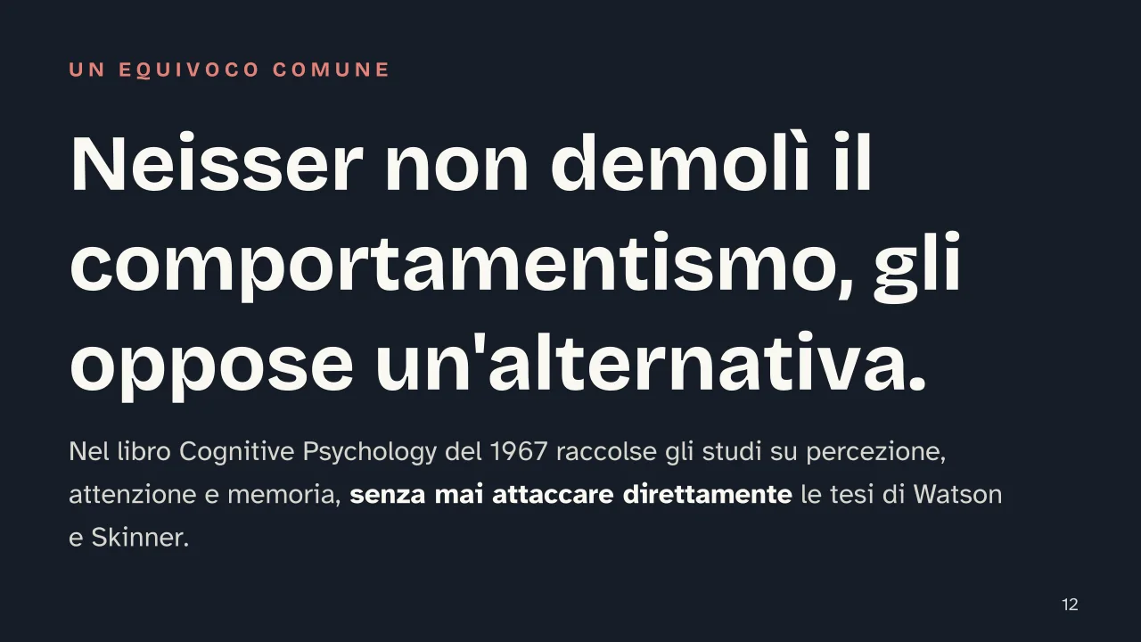 Slide 12 della presentazione su Cognitivismo: Neisser non demolì il comportamentismo, gli oppose un'alternativa.