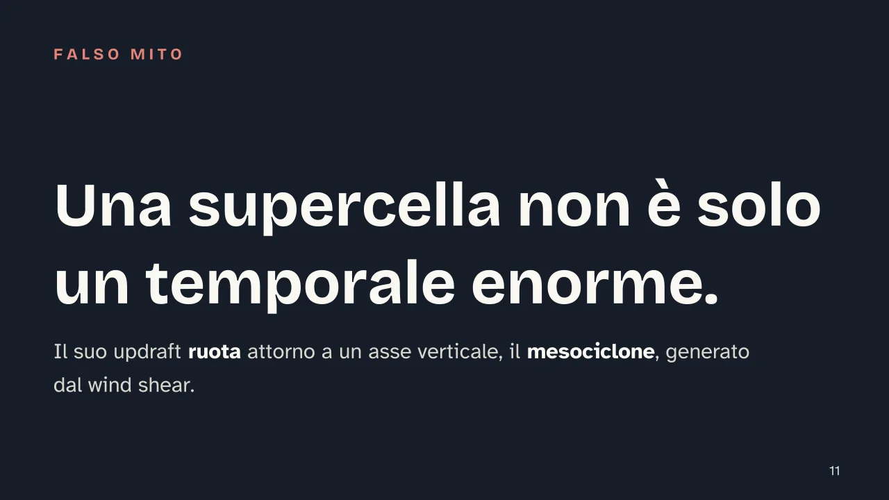 Slide 11 della presentazione su Come si formano i temporali: Una supercella non è solo un temporale enorme.
