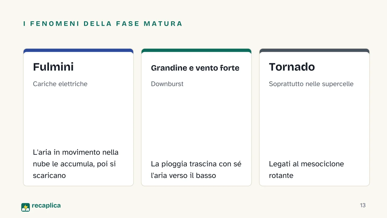 Slide 13 della presentazione su Come si formano i temporali: I fenomeni della fase matura: Fulmini, Grandine e vento forte, Tornado