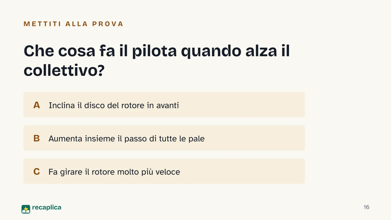 Slide 16 della presentazione su Come vola un elicottero: Che cosa fa il pilota quando alza il collettivo?