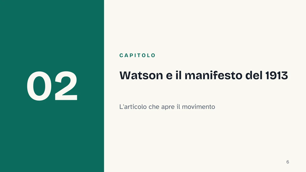 Slide 6 della presentazione su Comportamentismo: Capitolo 02: Watson e il manifesto del 1913