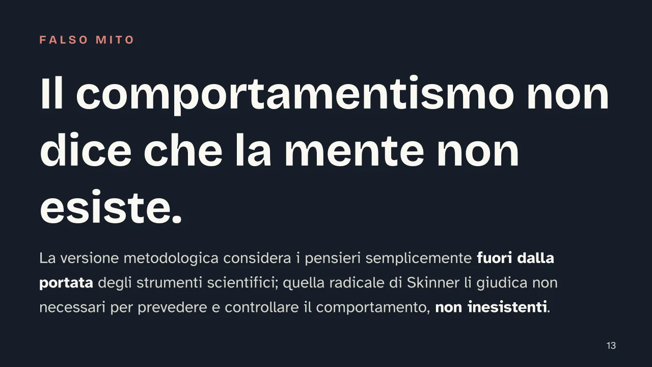 Slide 13 della presentazione su Comportamentismo: Il comportamentismo non dice che la mente non esiste.