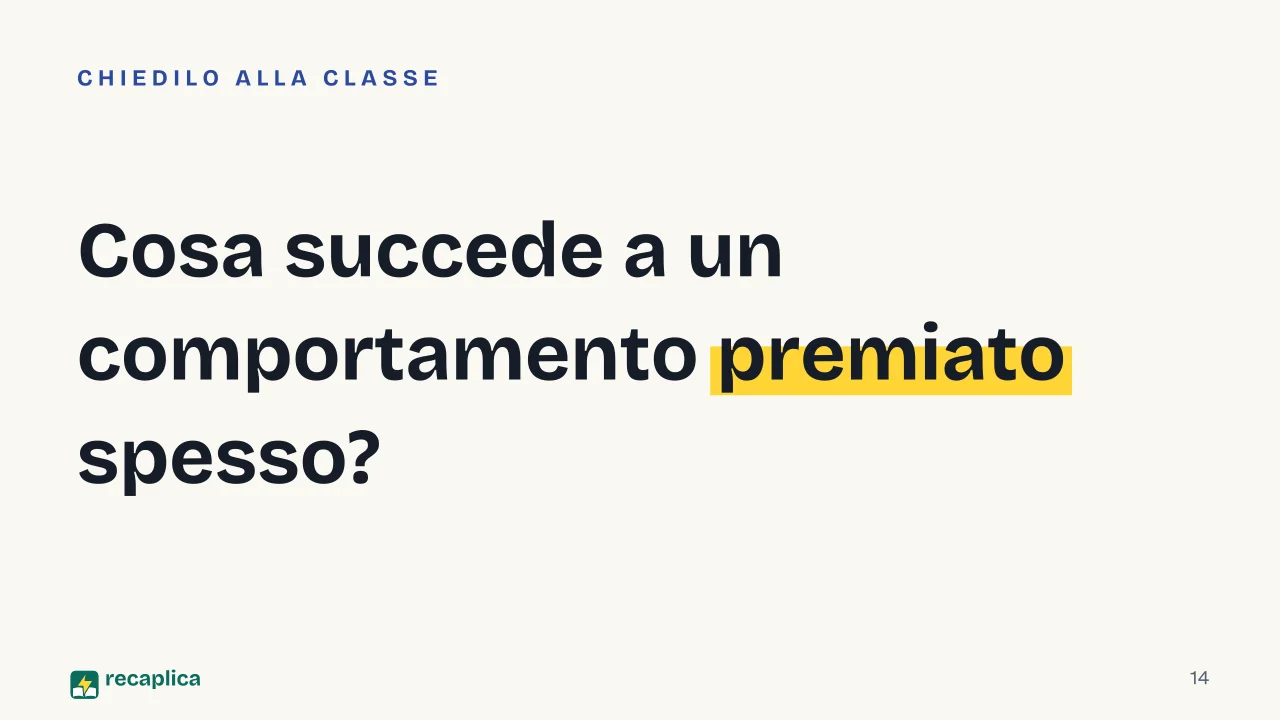 Slide 14 della presentazione su Comportamentismo: Cosa succede a un comportamento premiato spesso?