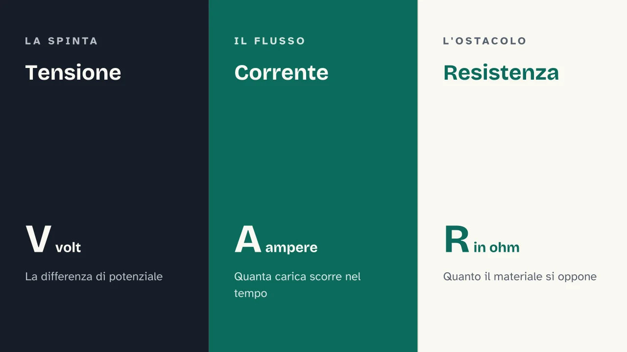 Slide 5 della presentazione su Corrente elettrica: Tensione · Corrente · Resistenza