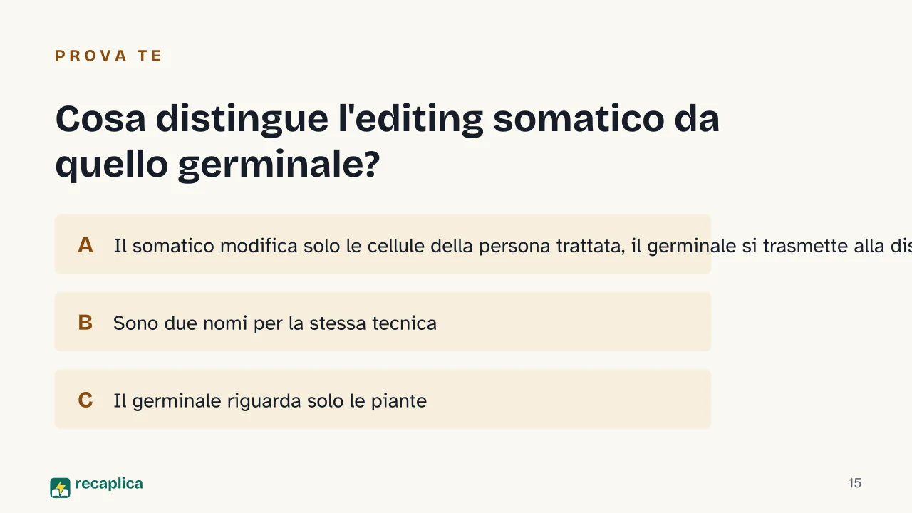 Slide 15 della presentazione su CRISPR: Cosa distingue l'editing somatico da quello germinale?
