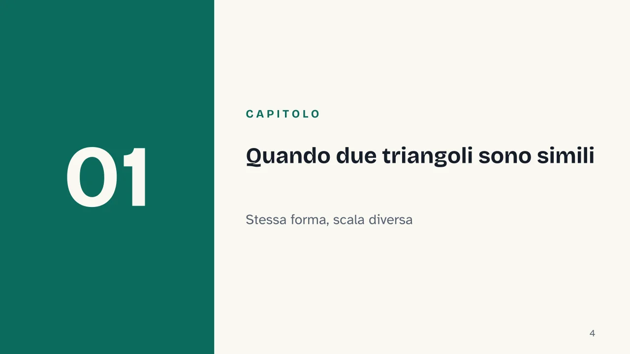 Slide 4 della presentazione su Criteri di similitudine dei triangoli: Capitolo 01: Quando due triangoli sono simili