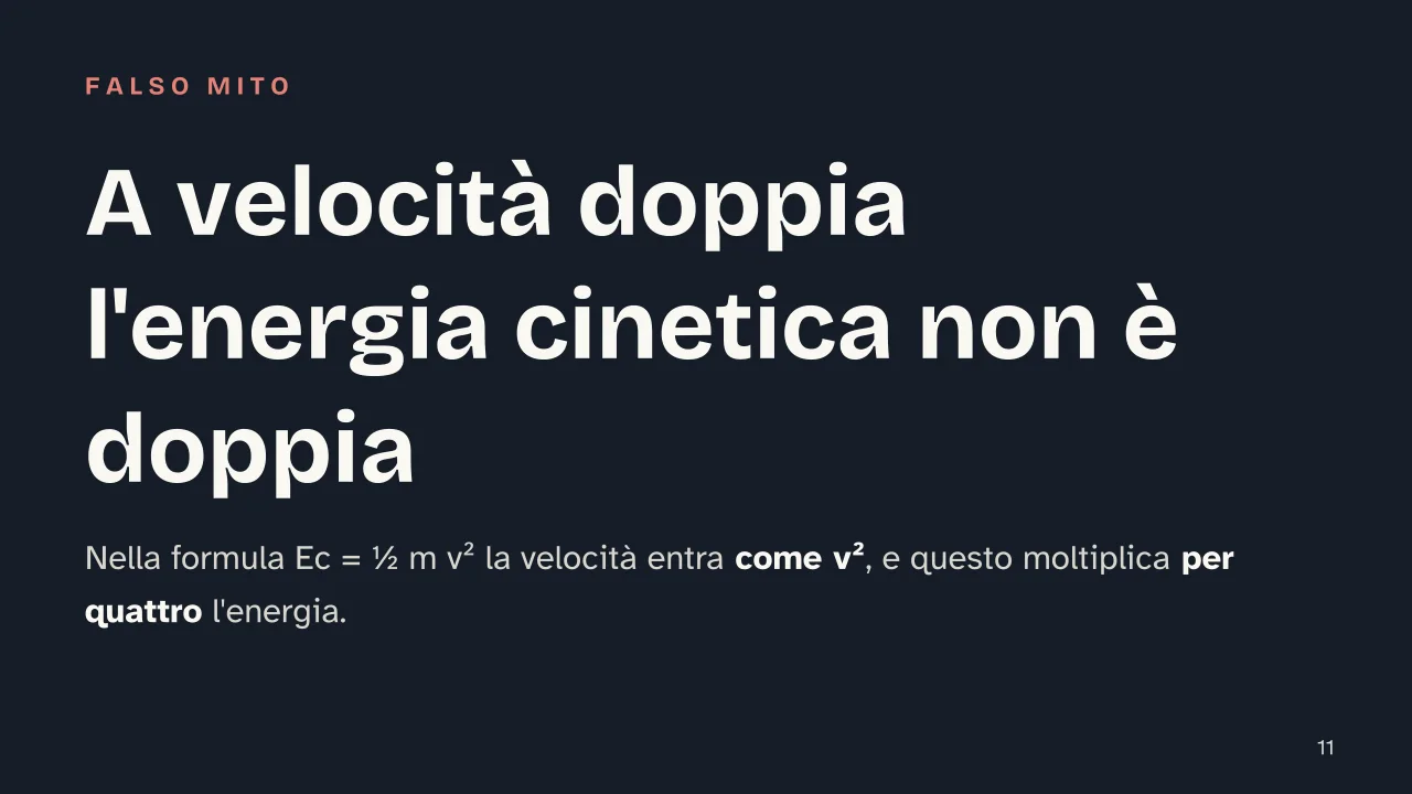 Slide 11 della presentazione su Energia cinetica e potenziale, che differenza c'è: A velocità doppia l'energia cinetica non è doppia