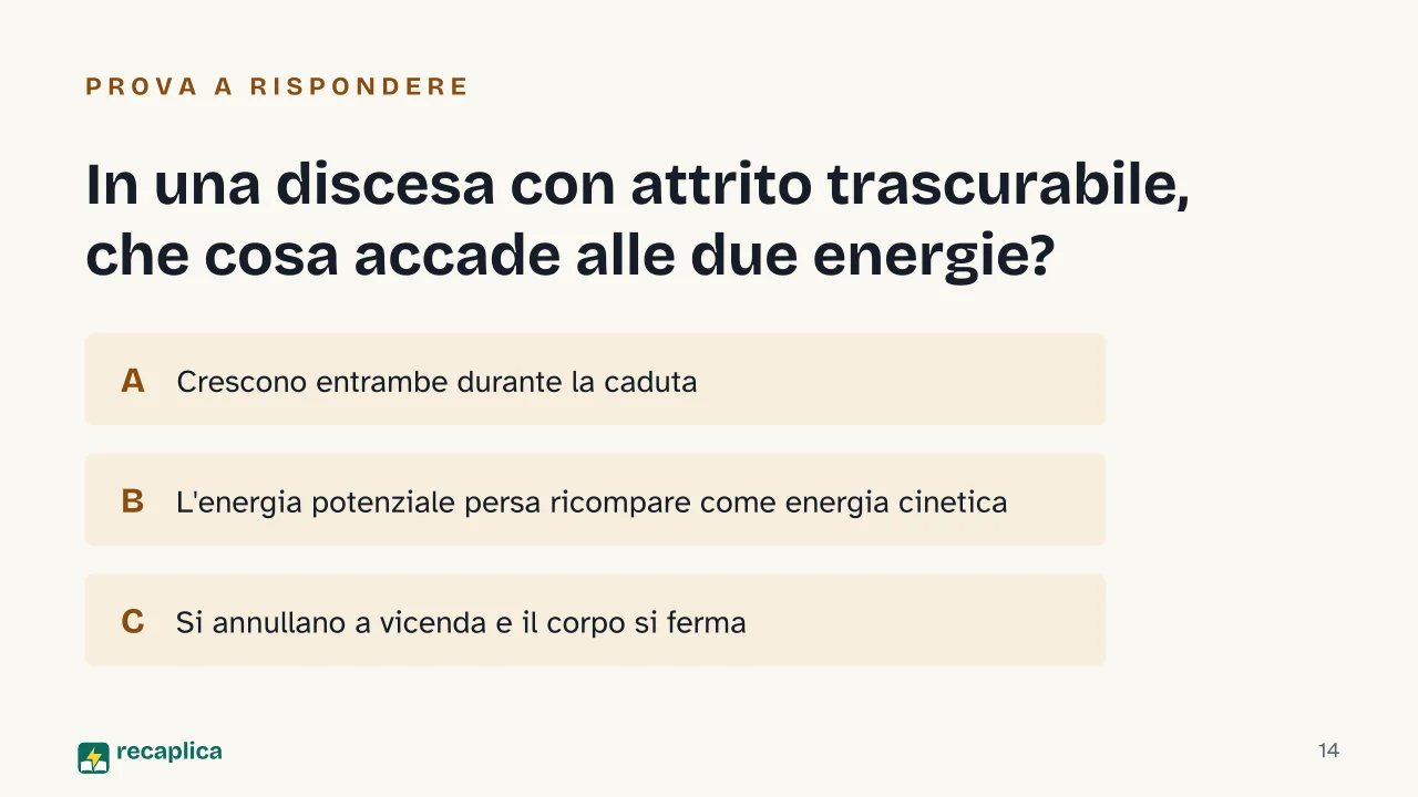 Slide 14 della presentazione su Energia cinetica e potenziale, che differenza c'è: In una discesa con attrito trascurabile, che cosa accade alle due energie?