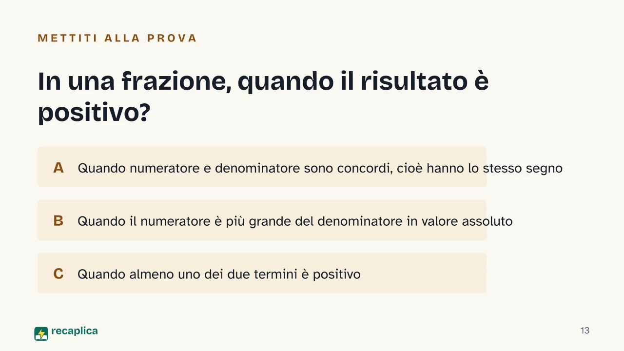 Slide 13 della presentazione su Disequazioni fratte: In una frazione, quando il risultato è positivo?