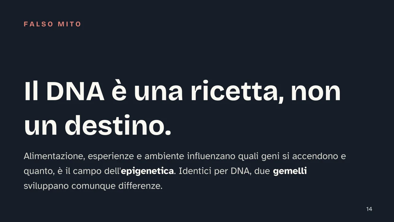 Slide 14 della presentazione su Il DNA: Il DNA è una ricetta, non un destino.