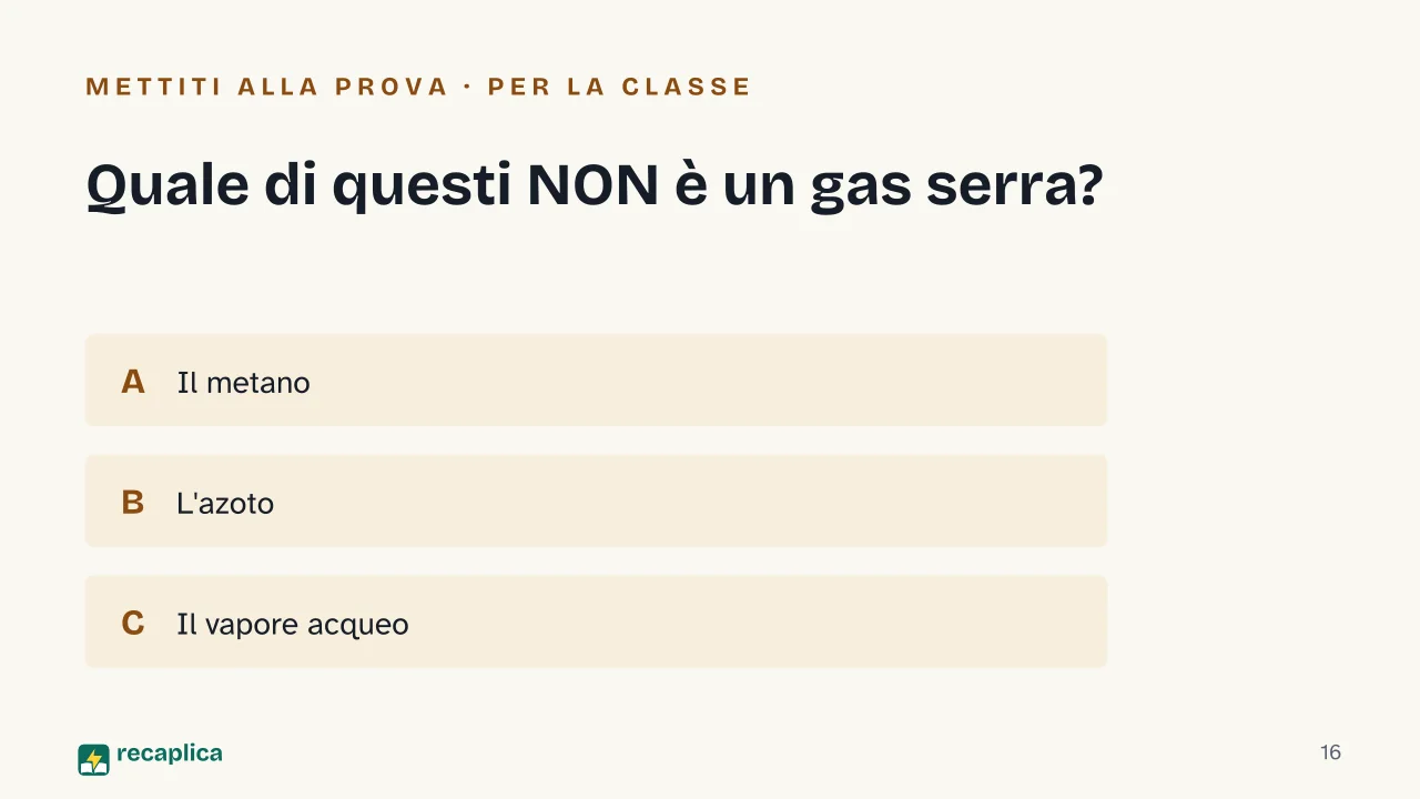 Slide 16 della presentazione su Effetto serra: Quale di questi NON è un gas serra?