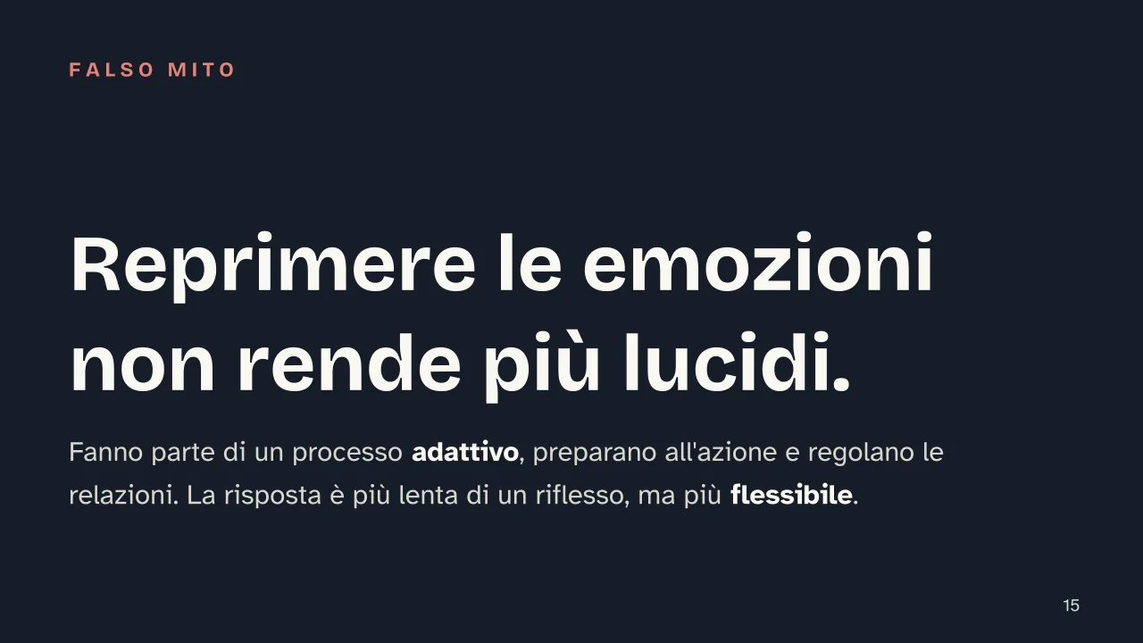 Slide 15 della presentazione su Emozioni umane: Reprimere le emozioni non rende più lucidi.