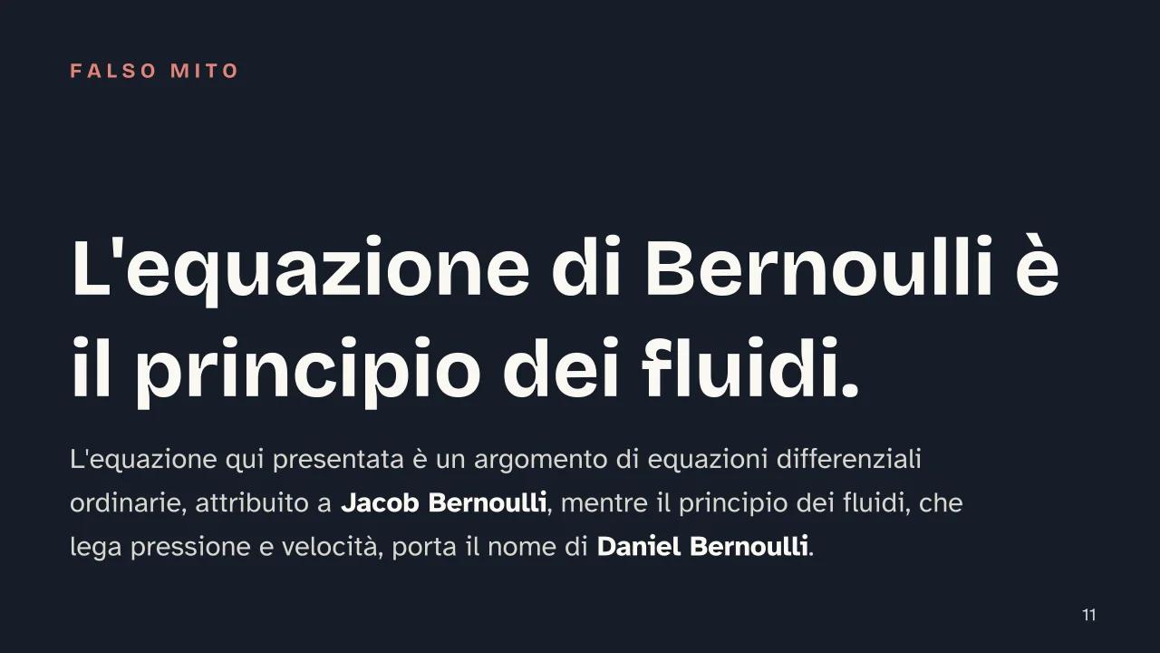 Slide 11 della presentazione su Equazione differenziale di Bernoulli: L'equazione di Bernoulli è il principio dei fluidi.