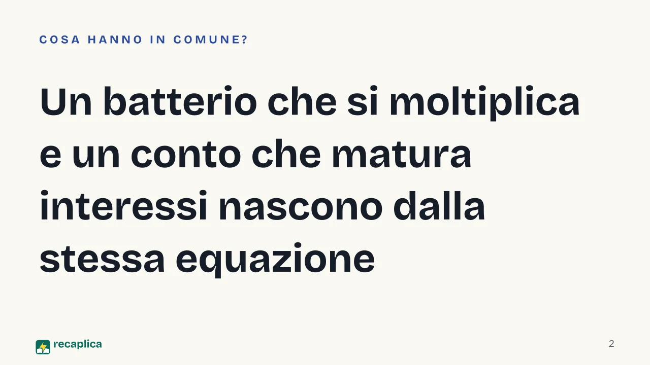 Slide 2 della presentazione su Equazioni differenziali: Un batterio che si moltiplica e un conto che matura interessi nascono dalla stessa equazione