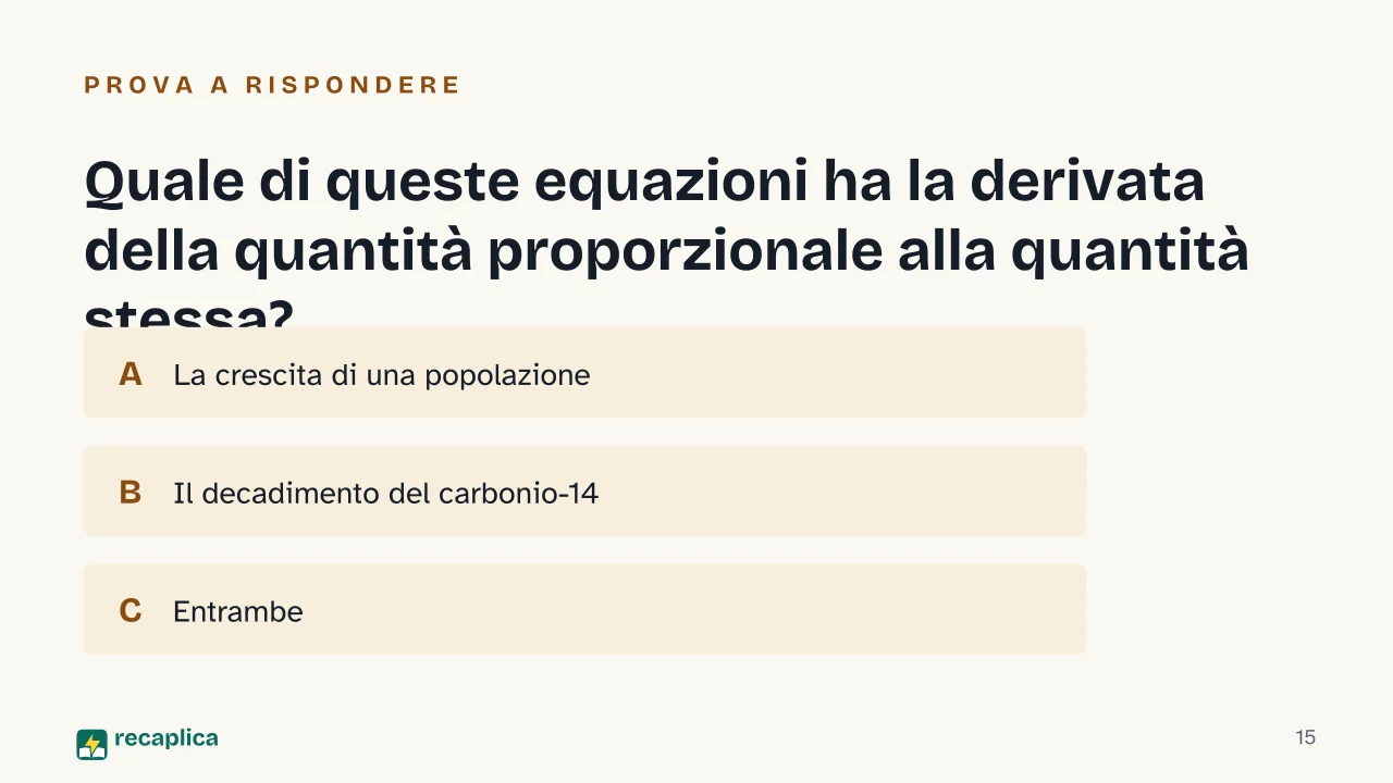 Slide 15 della presentazione su Equazioni differenziali: Quale di queste equazioni ha la derivata della quantità proporzionale alla quantità stessa?