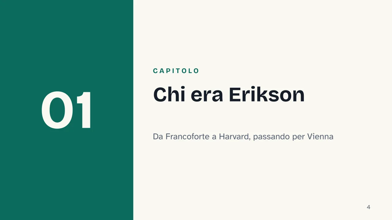 Slide 4 della presentazione su Erik Erikson e gli stadi dello sviluppo psicosociale: Capitolo 01: Chi era Erikson