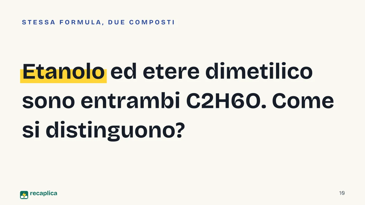 Slide 10 della presentazione su Formula chimica: Etanolo ed etere dimetilico sono entrambi C2H6O. Come si distinguono?