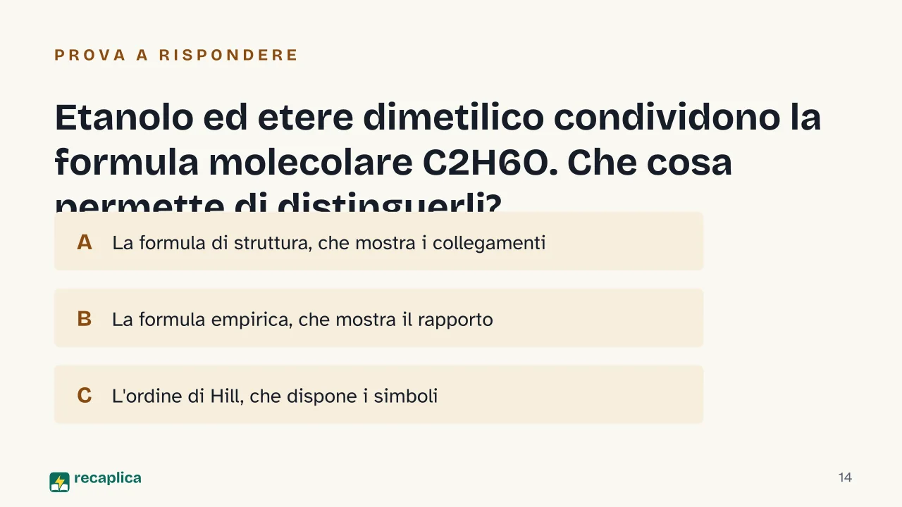 Slide 14 della presentazione su Formula chimica: Etanolo ed etere dimetilico condividono la formula molecolare C2H6O. Che cosa permette di distinguerli?