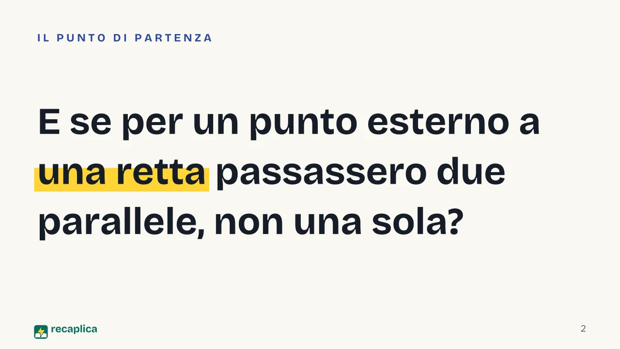 Slide 2 della presentazione su Geometria non euclidea: E se per un punto esterno a una retta passassero due parallele, non una sola?
