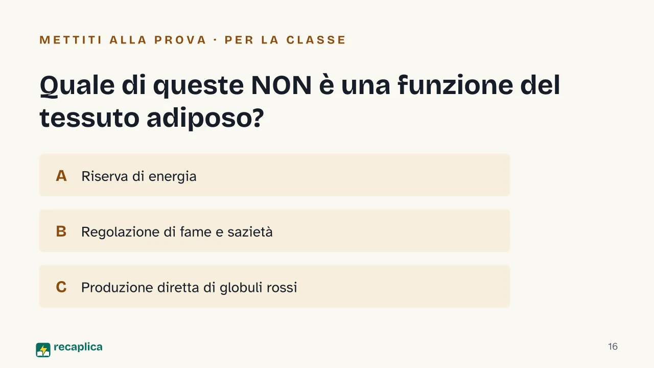 Slide 16 della presentazione su Grasso corporeo: Quale di queste NON è una funzione del tessuto adiposo?