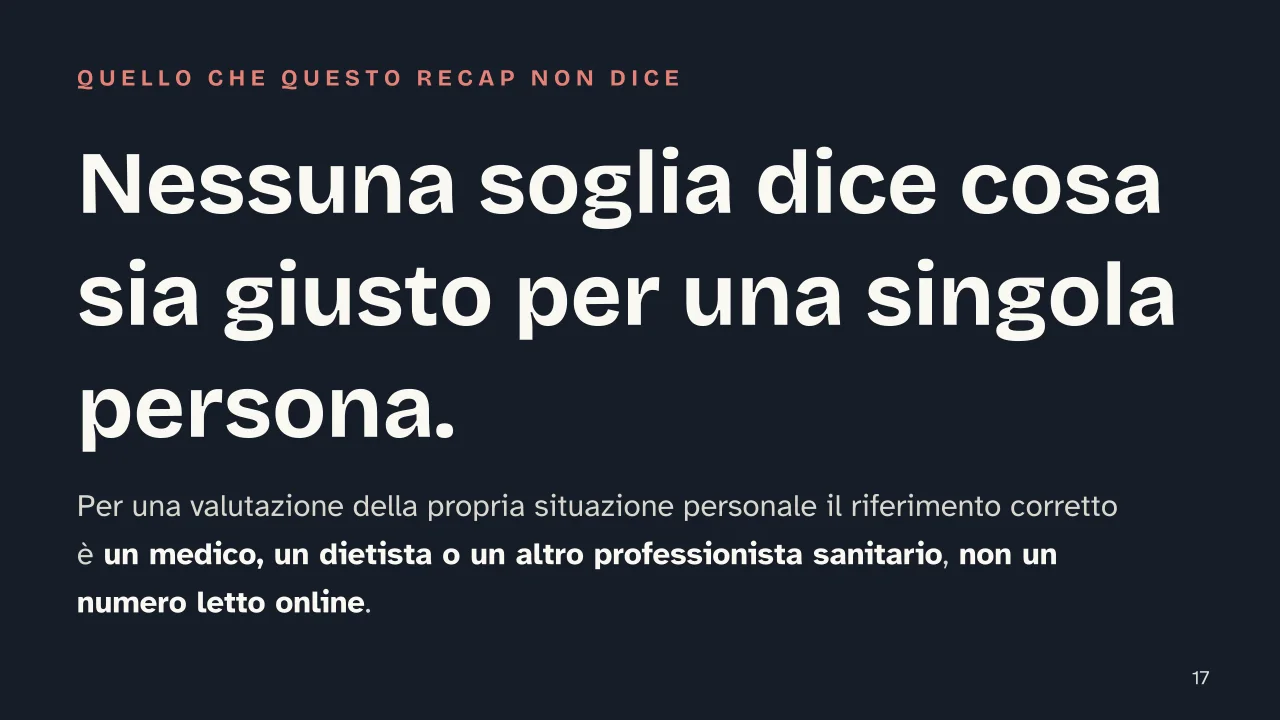 Slide 17 della presentazione su Grasso corporeo: Nessuna soglia dice cosa sia giusto per una singola persona.